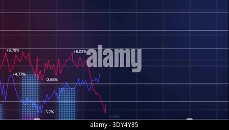 Displaying market line chart on gradient screen showing red or blue trends, dotted bars, copy space Stock Photo