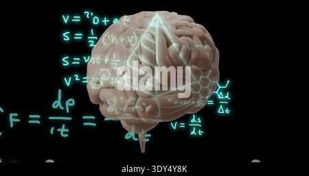 Floating 3D human brain model rotating in black void, emitting teal equations, pyramid hex lattice Stock Photo