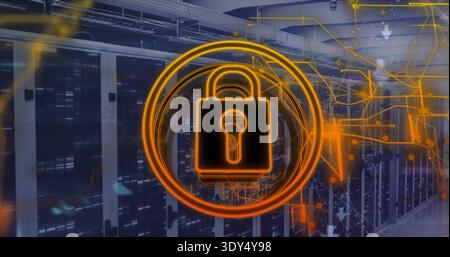 Displaying glowing orange padlock icon hovering over data center, with server racks and cabling Stock Photo