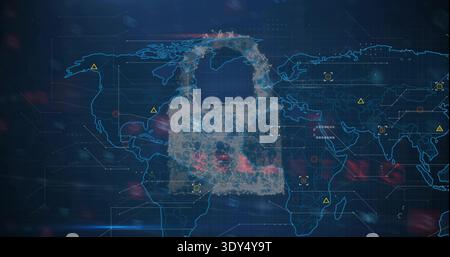Displaying particle mesh padlock centered on network dashboard, showing world map and threat nodes Stock Photo