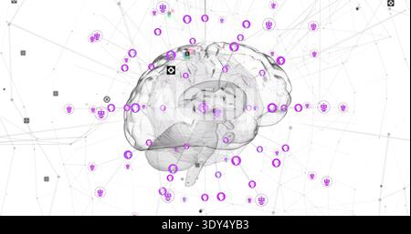 Revealing translucent brain model showing cortex on white canvas, with purple nodes and gray lines Stock Photo