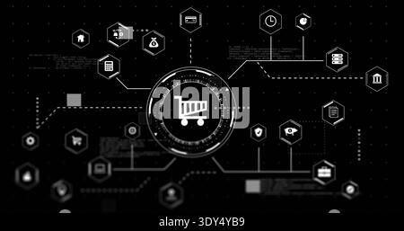 Displaying central HUD containing shopping cart icon at digital dashboard, showing hexagonal nodes Stock Photo
