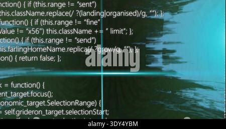 Displaying monospaced code and glowing cyan crosshair on digital screen, with ripple reflections Stock Photo
