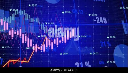 Displaying pink candlestick chart filling center on trading screen, with line graphs and timestamps Stock Photo