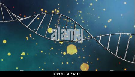 Twisting DNA double helix running diagonally across teal-to-blue gradient, with glowing bokeh orbs Stock Photo