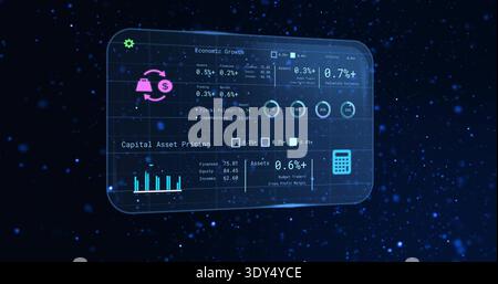 Floating hologram finance dashboard showing live metrics over deep starfield, with rings, bar chart Stock Photo