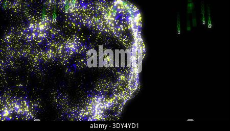 Forming yellow purple particle head profile glowing in digital void, with green binary glyphs Stock Photo
