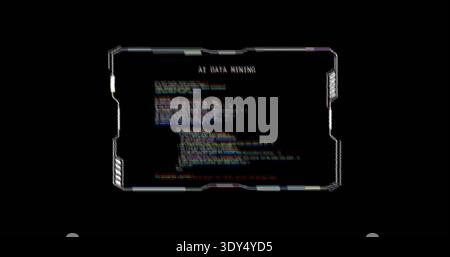 Floating central HUD displaying AI DATA MINING code RGB scanlines on black metallic frame, red line Stock Photo