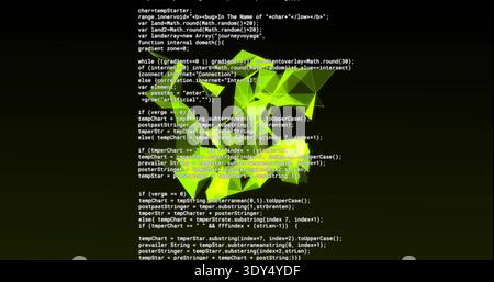 Displaying neon-green triangular mesh overlaying code editor, with monospaced JavaScript text Stock Photo