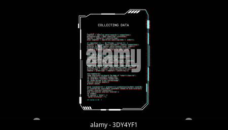 Displaying HUD terminal showing COLLECTING DATA label and colored code on black, glitching Stock Photo