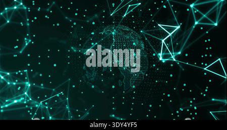 Displaying dotted digital globe rotating in virtual network, with glowing nodes, thin lines Stock Photo