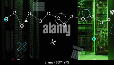 Displaying dotted network graph occupying center in server room, showing open cabinet and cables Stock Photo