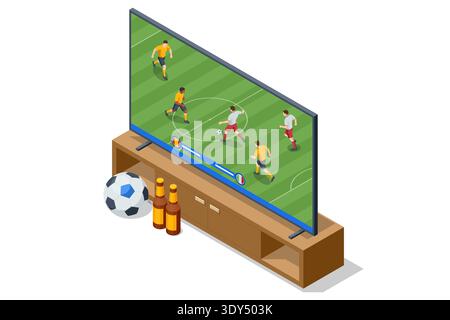 Isometric television broadcast of football match with soccer game on screen, ball and beer bottles near TV stand. Sport watching concept at home. Stock Vector