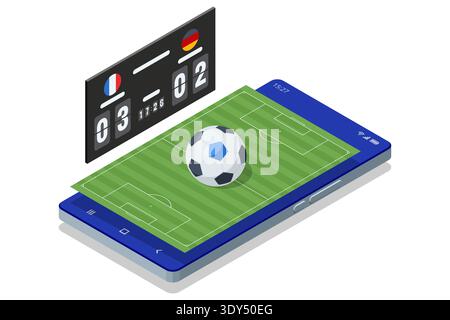 Isometric smartphone football live score application with digital scoreboard and soccer field. Online sport result tracking. Championship competition Stock Vector