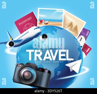 Travel time summer tour template clipart design. It's time to Travel text in globe with camera, airplane, passport, tickets and pictures traveler Stock Vector