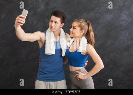Young couple making selfie at gym Stock Photo