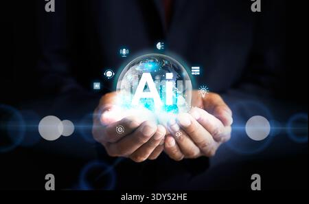 Creative artificial Intelligence humans holding icon AI blue background Stock Photo