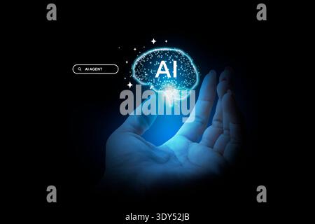 Ai agent and brain blue background Stock Photo