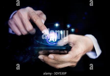 Hand of businessman using smartphone chatting with chat bot, Chat with AI or Artificial Intelligence technology Stock Photo
