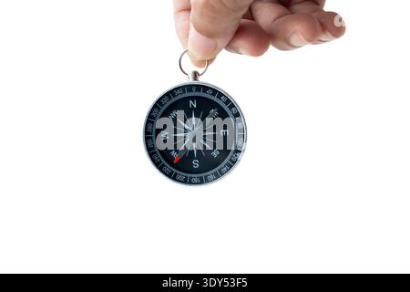 Hand holding a compass against white background and search customer global network Stock Photo