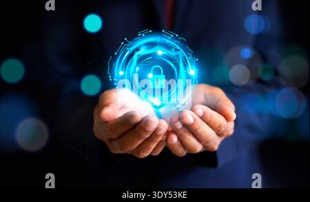 Businessman protecting personal data on smartphone, virtual screen interfaces. cyber security Stock Photo
