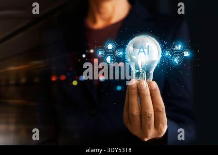 Businessman holding a glowing lightbulb with "AI" symbol, representing artificial intelligence technology, innovation, and future digital advancements Stock Photo