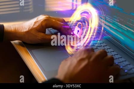 Cybersecurity and privacy concepts to protect data. Lock icon and internet network security technology Stock Photo