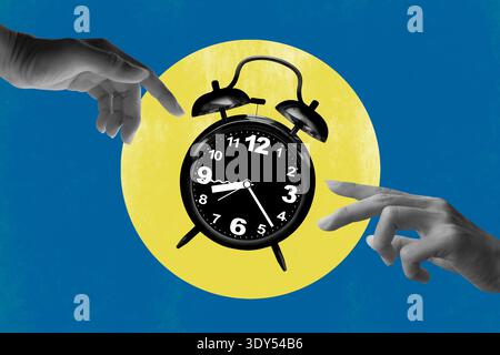 Halftone hand and alarm clock. Pop art style modern collage. Ringing alarm clock. Art collage Stock Photo