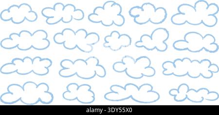Set of light blue watercolor clouds. Sky blue translucent brushstrokes of various shapes. Cloudy, airy, fluffy clip art drawn with paint brush. Vector Stock Vector