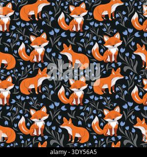 Fox seamless pattern with red foxes and blue flowers on dark background. Cute woodland animal illustration perfect for fabric, textile, wallpaper Stock Vector