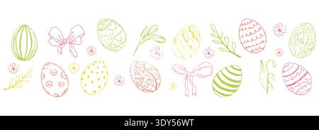 Easter whimsical border, pattern ornament with eater eggs, coquette bows, cute spring flowers. Horizontal hand drawn sketch decoration, festive banner, greeting. . Vector illustration Stock Vector