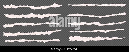 Ripped pieces of paper stripes torn edge set. Ripped strips of white colors at transparent background. Ripped newspaper clip art. Ripped paper note border grunge brush stroke. Vector illustration Stock Vector