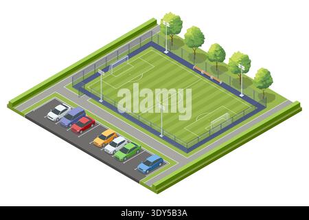 Isometric football stadium arena with green soccer field, tribune seat and sport infrastructure. Large arena prepared for professional championship Stock Vector