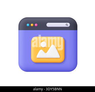 Purple web browser window with yellow image gallery symbol. User interface, multimedia, web development, user interface concept. 3d vector icon. Carto Stock Vector