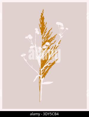 Floral botanical card, wildflower branches, wild flowers, herbal sprays and twigs, abstract monochrome poster, minimalist nature postcard design. Vector illustration Stock Vector