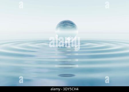 3D render of a transparent glass sphere floating above calm water with circular ripples and soft reflections on a minimal background. Stock Photo
