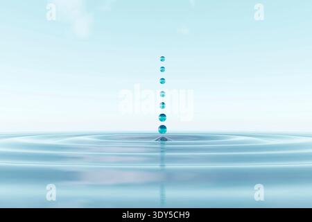 3D render of multiple transparent water droplets aligned vertically above a calm water surface creating circular ripples. Stock Photo