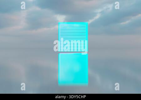 3D render of a glowing cyan square panel made of horizontal neon lines floating above a reflective surface under a cloudy sky. Stock Photo