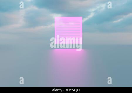 3D render of a glowing pink square panel composed of horizontal neon lines floating above a reflective surface with cloudy sky background. Stock Photo