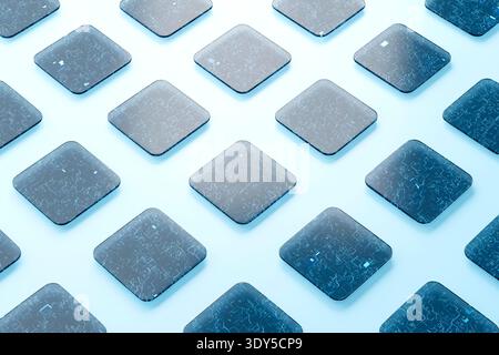 3D render of transparent glass square tiles with glowing electronic circuit lines arranged in a geometric grid on a clean light background. Stock Photo