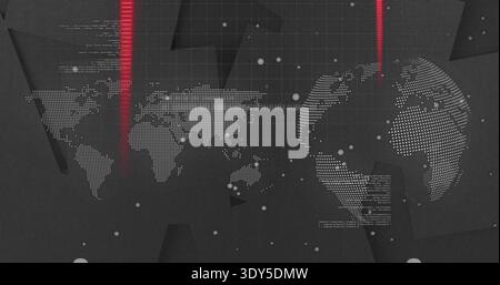Displaying dotted world map and globe pulsing in data visual backdrop, with red beams, grid, code Stock Photo