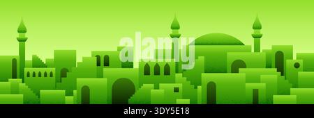 Arabic city panorama in pistachio green color with mosque silhouettes Stock Vector