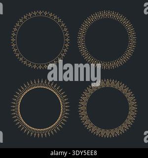 Collection of luxurious circular ornamental designs in golden color on black background. Symmetrical geometric and floral motifs, perfect for invitati Stock Vector