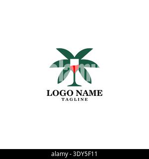 Wine Glass Palm Tree Logo Design with Outline Style. Beach Sunset Palm Tree Vector Illustration Stock Vector