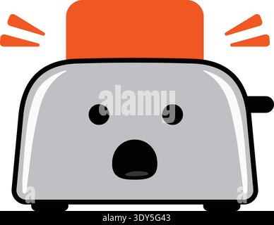 Cute toaster character with an open mouth expression and orange top with alert marks Stock Vector