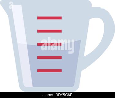Transparent measuring cup with red measurement lines in a simple flat kitchen style Stock Vector