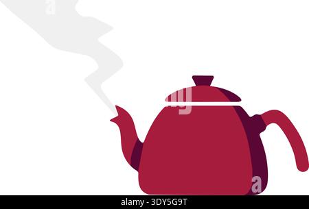 Flat illustration of a small teapot with steam rising from the spout in dark red tones Stock Vector