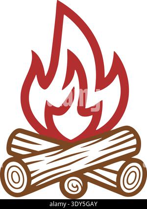 Flat illustration of a campfire with red flames above two crossed logs Stock Vector