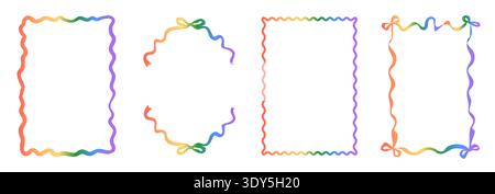 Set of hand drawn frames with wavy squiggle curly edges and rainbow gradient colors. Whimsical borders with abstract lines and retro scalloped corners Stock Vector