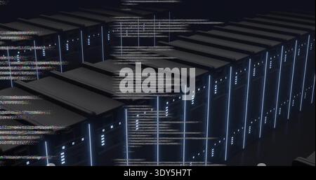Glowing central server rack cabinets pulsing through dark data center aisles, LED strips reflecting Stock Photo